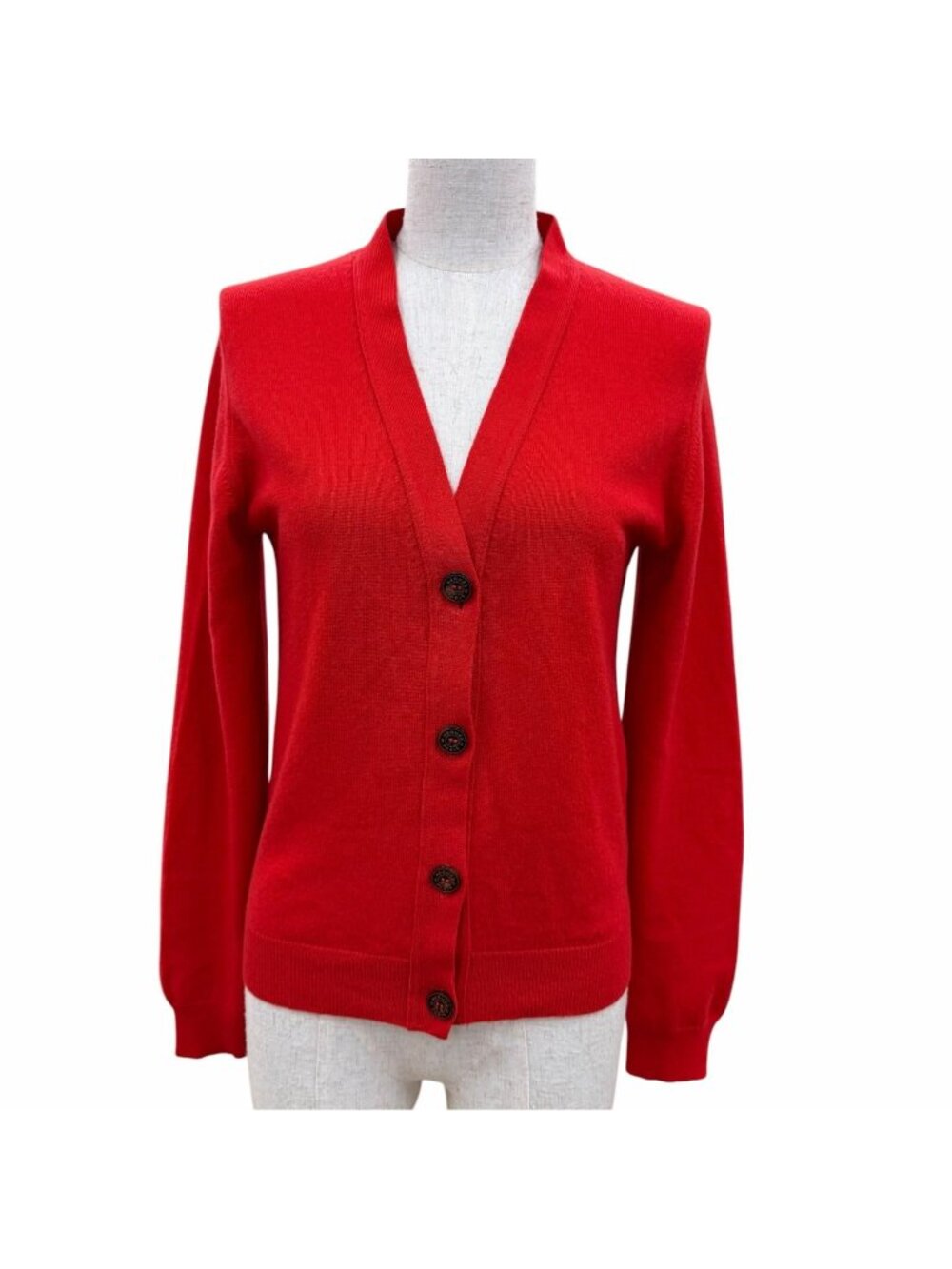 Hermes Cashmere 100% Sellier Buttons Long Sleeve Knit Cardigan Red 38